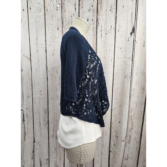 LM Women's M D. Exterior Italy Open Weave Cropped Shrug Cardigan Navy Blue EUC - Picture 4 of 5